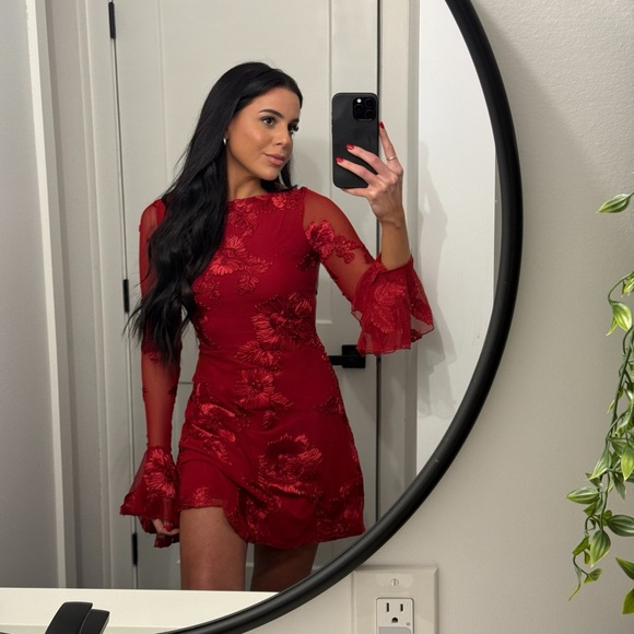 Red Fit and Flare Mock Neck Bell Sleeve Dress - Picture 1 of 8